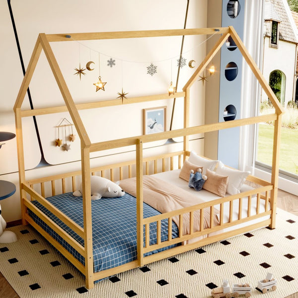 English Elm Twin Pine House Frame Floor Bed with Peaked Roof and Fence Guardrails for Kids Natural W1858P389982