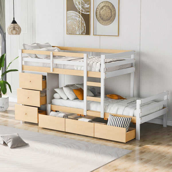 English Elm Twin Loft Bunk Bed with Built-In Drawers and Ladder, Space-Saving Twin over Twin Pine MDF Design Natural GX000424AAN