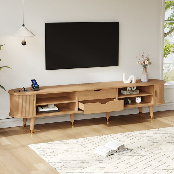 English Elm Wooden Fluted Tambour Media Console Mid Century Modern Tv Stand with Built in Charging Natural N721P428444L