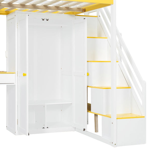 English Elm Full Size Teen Loft Bed with Staircase Shelves Wardrobe Vanity and Led Lighting LT000276AAL