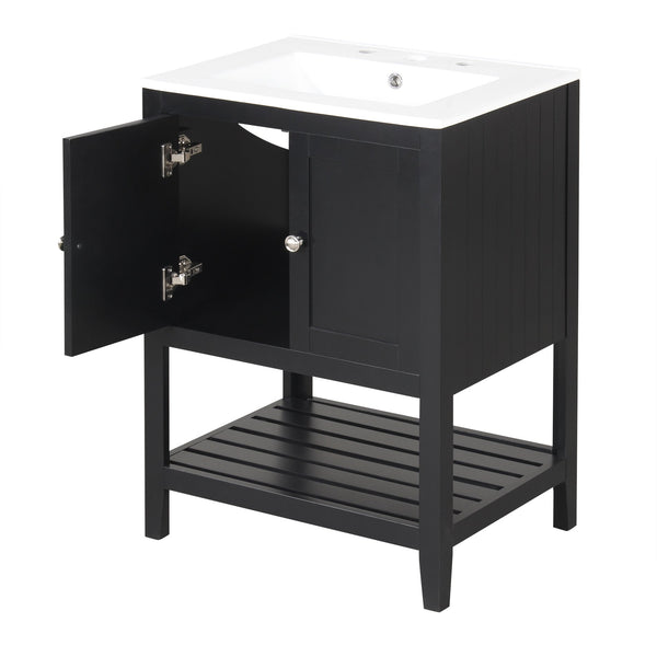 English Elm 24" Modern Sleek Bathroom Vanity with Ceramic Sink, Solid Wood Frame, Waterproof Finish and Open Shelf Storage Black N725P246473B