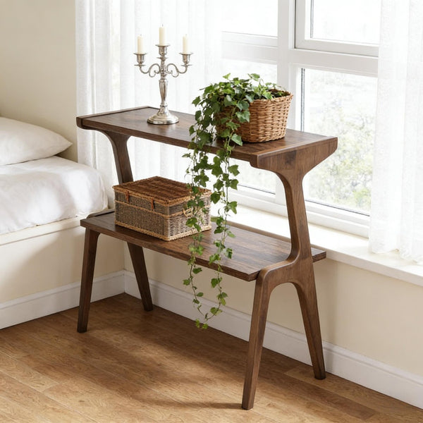 English Elm Storage Side Table Solid Wood Cherry Finish Two Open Shelves for Slim Space Entryways T3971P450545