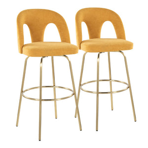 English Elm Fixed-height Swivel Barstools with Gold Footrest Black Frame White Upholstery Set B202S01872