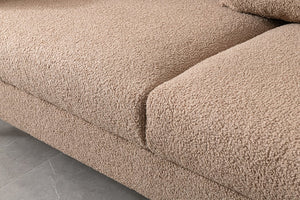 English Elm Luxurious three-seat upholstered sofa with golden legs and plush pillows, modern chic design for living rooms Brown B205S00074