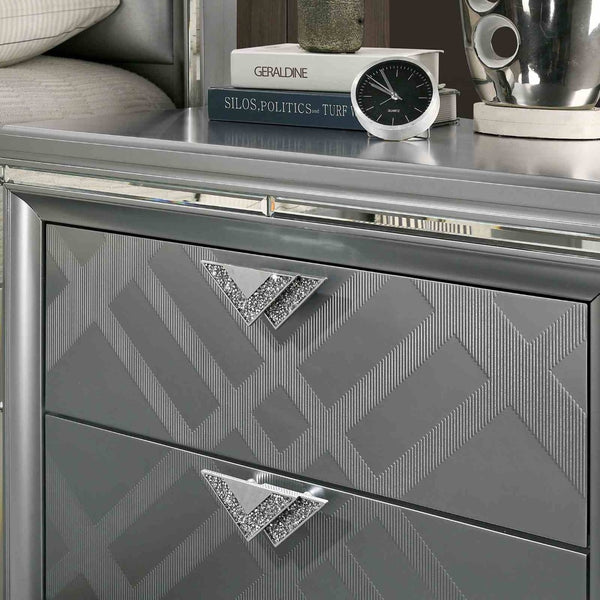 English Elm Contemporary Art Deco Nightstand with Hidden Jewelry Drawer Usb Port Acrylic Legs Silver B2741P436972