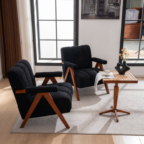 English Elm Mid-century Modern Chenille Lounge Chair Set Oak Frame Cloud Silhouette Living Room Black W1170S00051