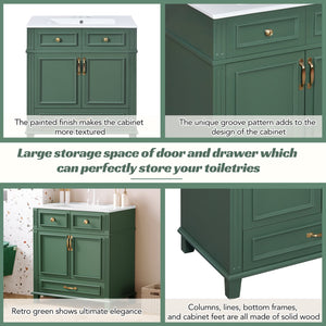 English Elm 30'' Bathroom Vanity with Sink - Retro Solid Wood Frame, Ceramic Basin, Soft-Close Doors & Ample Storage Green N710P190656F