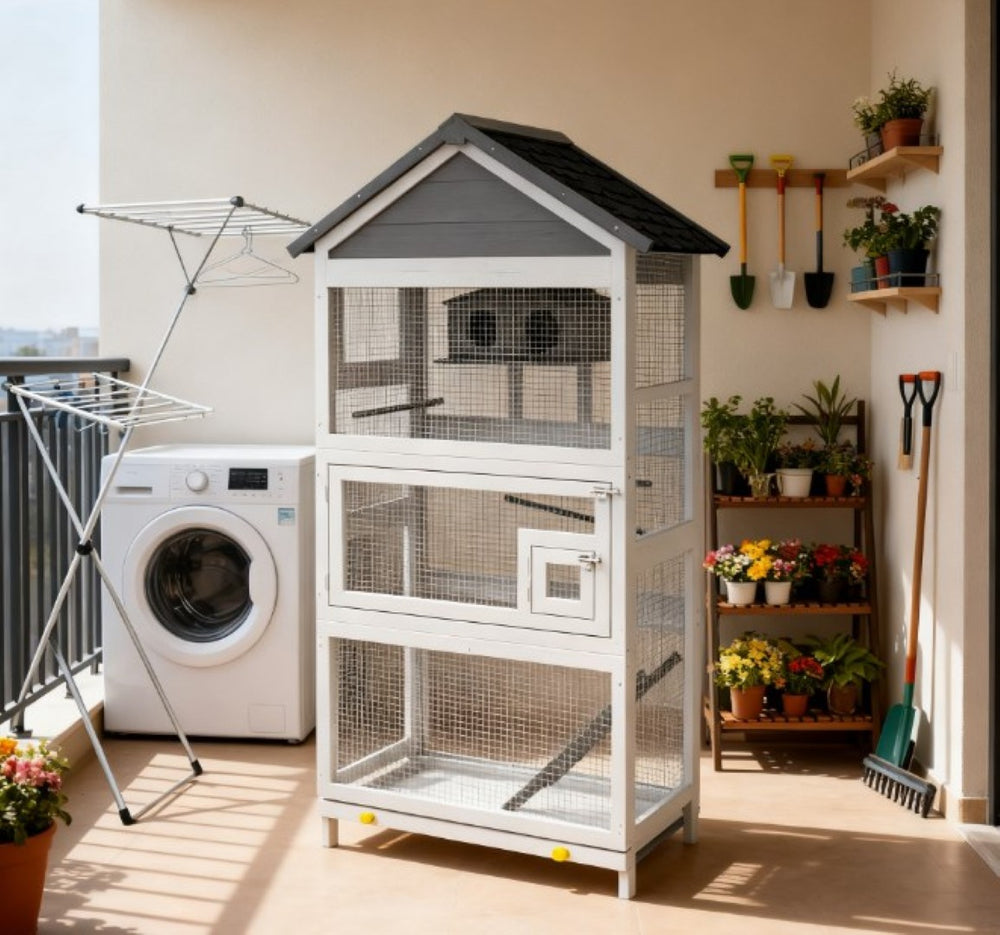 English Elm Spacious Outdoor Fir Wood Bird Aviary with Steel Wire Frame Perches and Slide Tray T3971P423720