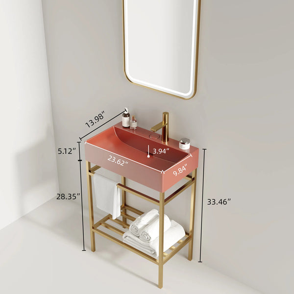 English Elm LOFI Ceramic Integrated Bathroom Vanity 24" with Rectangular Basin, Open Metal Shelf, Easy Clean Gold,Red W2615S00079