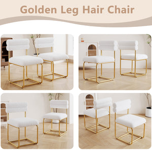 English Elm Set of two white teddy plush dining chairs with gold iron legs, ergonomic curved back, soft cozy luxe feel W1727P237751