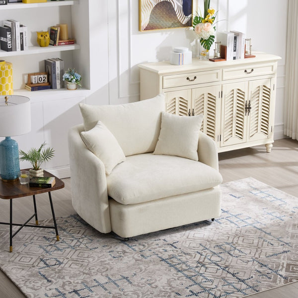English Elm 360° 360 Swivel Oversized Chenille Armchair with Pocket Spring Seat and Three Throw Pillows Beige W1361S00074