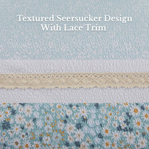 JLA Home Madison Park - 5 Seersucker Comforter Set Shabby Chic Floral Lace Trimmed Ruffled Pillows Hypoallergenic Finish Aqua MP10-8287
