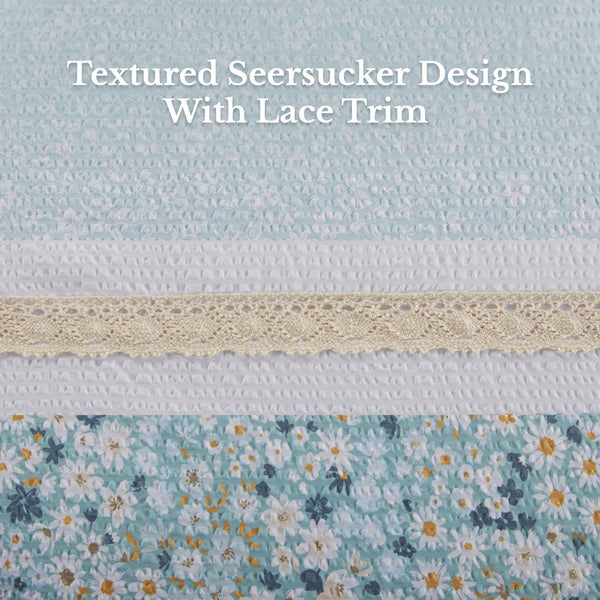 JLA Home Madison Park - 5 Seersucker Comforter Set Shabby Chic Floral Lace Trimmed Ruffled Pillows Hypoallergenic Finish Aqua MP10-8287
