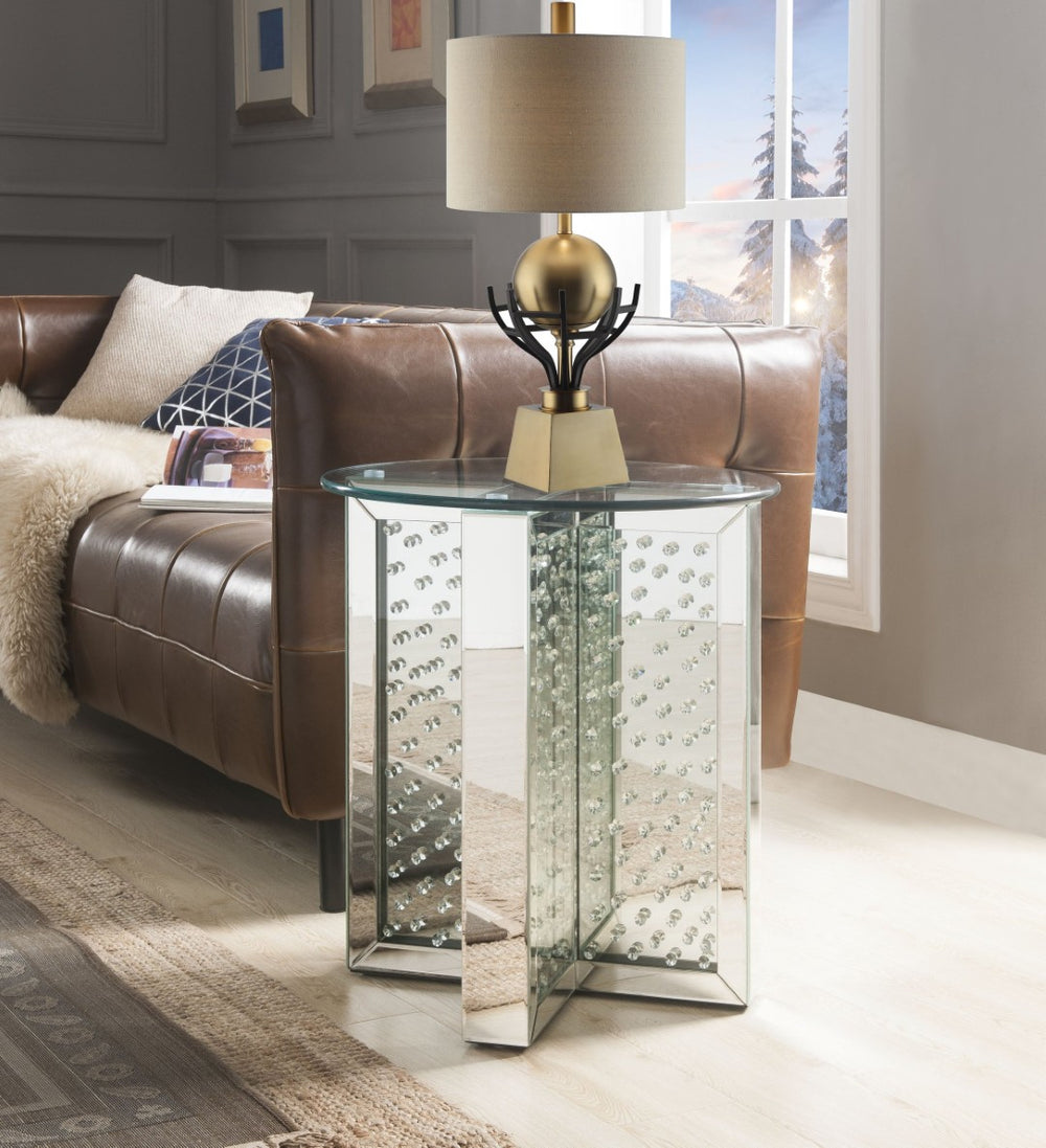 English Elm Nysa Glam Round End Table with Crystal Inlays Mirrored Pedestal and Tempered Glass Top B2726P446707
