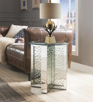 English Elm Nysa Glam Round End Table with Crystal Inlays Mirrored Pedestal and Tempered Glass Top B2726P446707