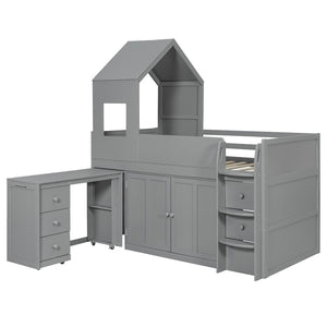 English Elm Twin House Loft Bed with Pull Out Rolling Desk Stair Drawers and Cabinet Storage Gray N820S00072E