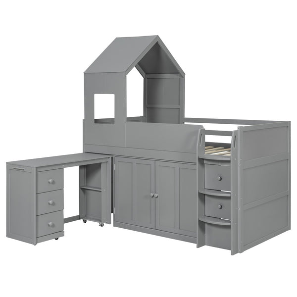 English Elm Twin House Loft Bed with Pull Out Rolling Desk Stair Drawers and Cabinet Storage Gray N820S00072E