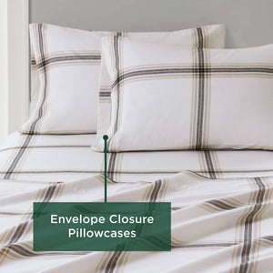 English Elm 4 Pcs Queen Sheet Set - Cozy Tan Plaid Cotton Flannel For Ultimate Comfort & Timeless Style B035P319778