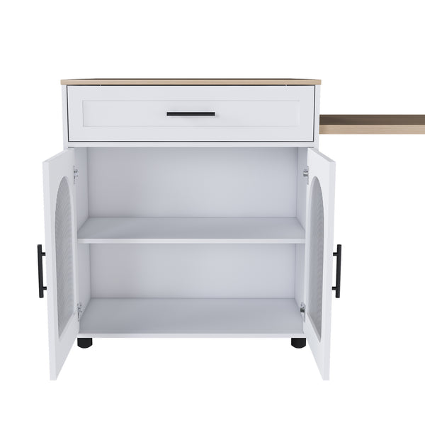 English Elm 80-inch Expandable Kitchen Island with Charging Station, Solid Wood-Grain Top, Mobile Storage Cart White W2700S00074