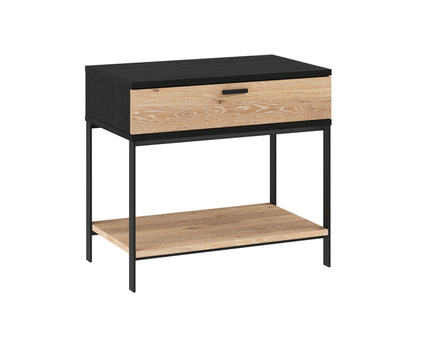 Sunpan Rosso Modern Industrial Nightstand with Soft Close Drawer, Rustic Oak Veneer & Black Iron Legs