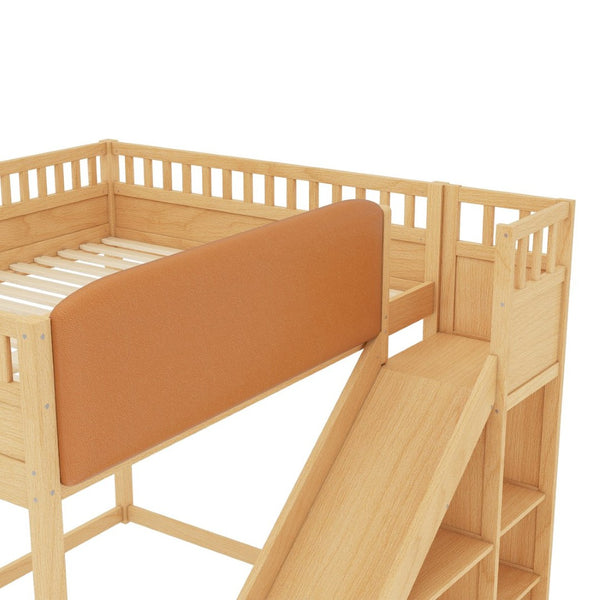 English Elm Queen Loft Bed with Upholstered Headboard Built-in Slide and Open Storage Shelves Natural W1580S00308