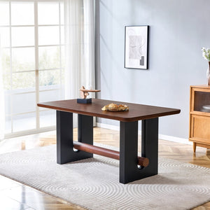 English Elm All-mdf Walnut Top Dining Table Seats Four with Matte Black Base for Small Spaces W3875S00025