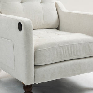 English Elm Accent Comfy chenille chair with USB charging, ergonomic wide back, high-rebound sponge, retro wooden legs Beige W2715P312489