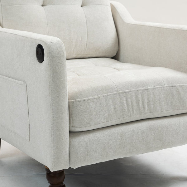 English Elm Accent Comfy chenille chair with USB charging, ergonomic wide back, high-rebound sponge, retro wooden legs Beige W2715P312489