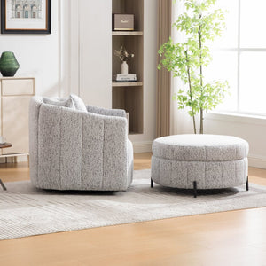 English Elm 39"w Swivel Barrel Club Chair with Channel Tufted Chenille and Round Storage Ottoman Set White+Black W3118S00047