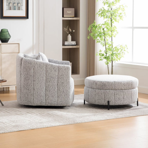 English Elm 39"w Swivel Barrel Club Chair with Channel Tufted Chenille and Round Storage Ottoman Set White+Black W3118S00047