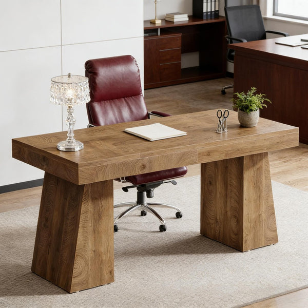 English Elm Writing Desk with Five Drawers Reversible Cabinet Home Office Vanity Workstation Light Brown T3971P452762
