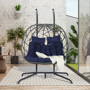 English Elm Double Hanging Egg Chair with Freestanding Iron Stand Woven Wicker Patio Swing Seat W874P270573