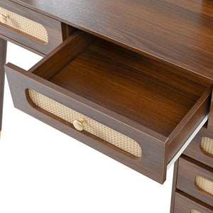 English Elm 47''Vintage Elegant Makeup Vanity with Lights and Mirror, 5-Drawer Rattan Design, Solid Wood Craftsmanship Dark Walnut 46 L x 27 W x 8 H N733P337468D