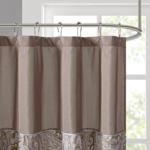 JLA Home Madison Park - Jacquard shower curtain with woven paisley texture, contrast top stripe, durable machine-washable style Blue/Brown MP70-224