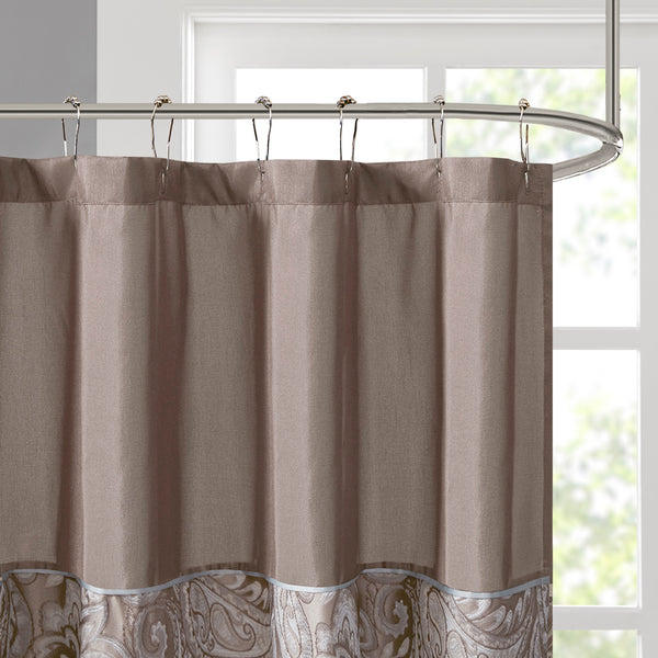 JLA Home Madison Park - Jacquard shower curtain with woven paisley texture, contrast top stripe, durable machine-washable style Blue/Brown MP70-224