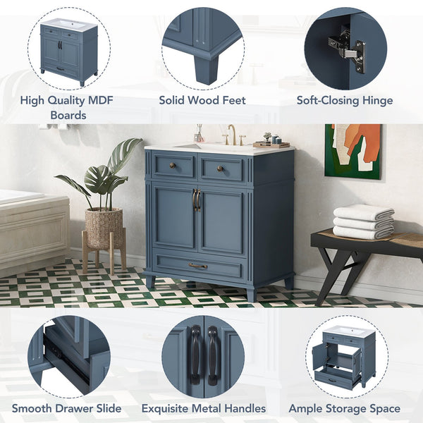 English Elm 30'' Bathroom Vanity with Sink - Retro Solid Wood Frame, Ceramic Basin, Soft-Close Doors & Ample Storage Blue N710P190656C