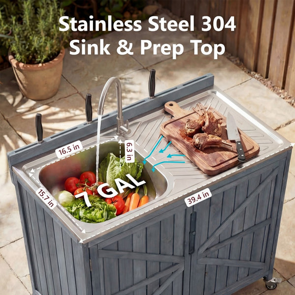 English Elm K&k Outdoor Prep Station Stainless Steel Top Fir Wood Cabinet with Drawer and Wheels N707P370281G