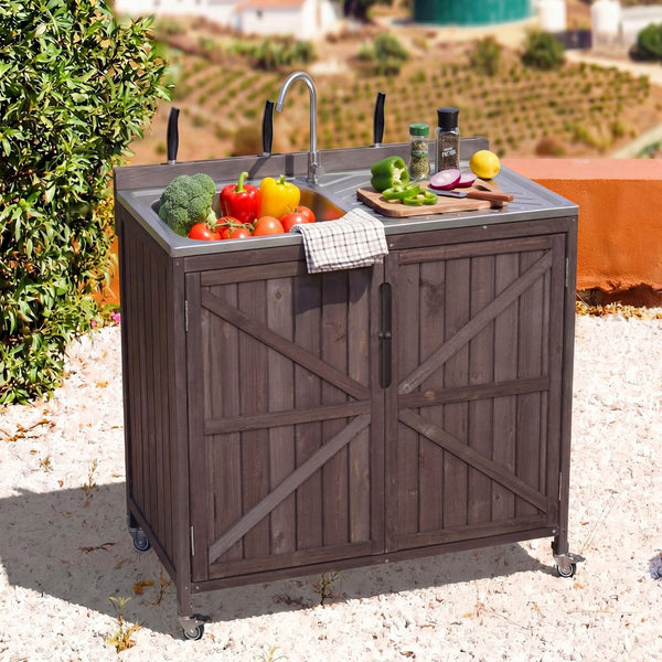 English Elm K&k Outdoor Prep Station Stainless Steel Top Fir Wood Cabinet with Drawer and Wheels N707P370281Z