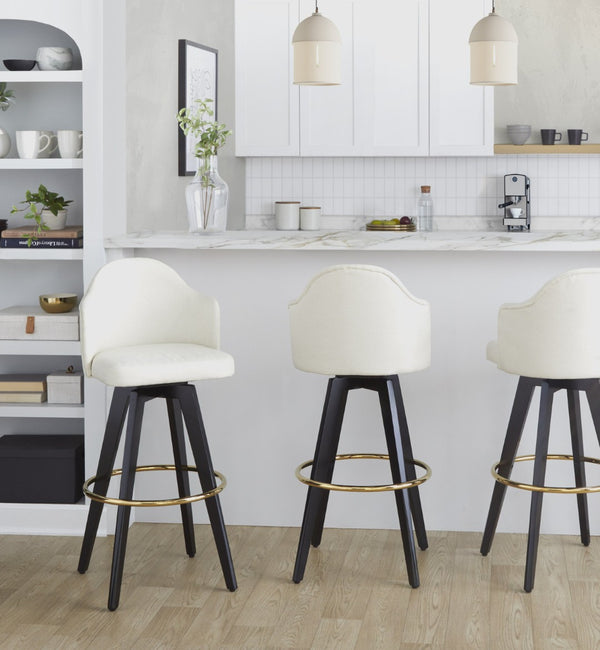 English Elm Fixed-height Swivel Barstools with Gold Ring Footrest Cream Upholstery Set of 2 B202S01864