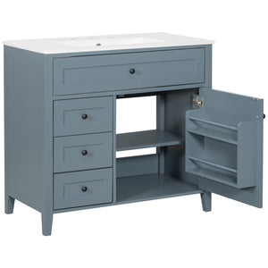 English Elm 36-Inch Blue Gray Modern Bathroom Vanity With Durable Rubberwood Cabinet, Sink & 3 Drawers For Storage N725P350821E