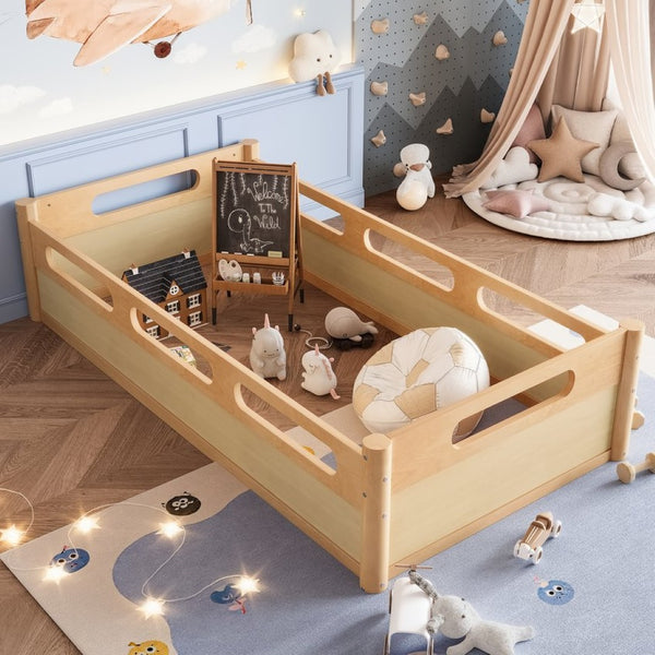 English Elm Twin Low Profile Floor Bed with Guardrails Pine Wood Frame Minimalist Bedroom Natural W1580P438791