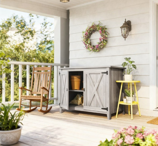 English Elm Wooden Fir Outdoor Storage Cabinet with Barn Doors Shelf and Raised Base for Patios T3971P422813