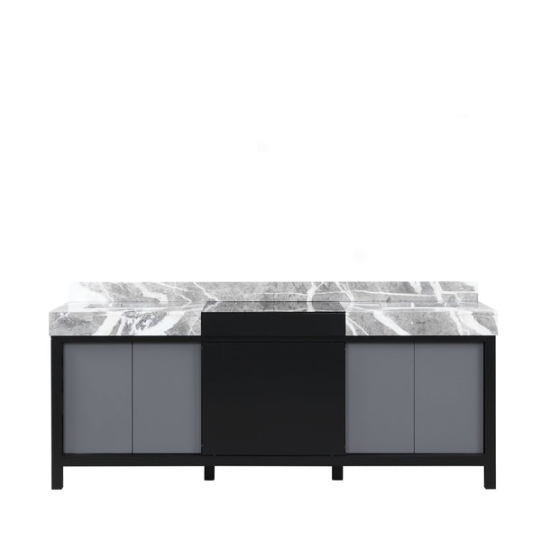English Elm Black Double Bath Vanity 84" W With Castle Grey Marble Top - Elegant Storage & Modern Charm B2731P261129