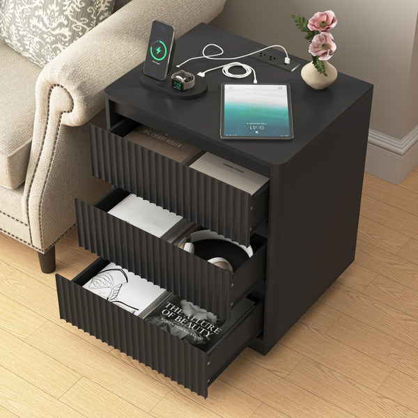 English Elm (set Set of 2 Modern End Tables with Usb-c Charging and Three Drawer Storage for Any Room Black W409P414473