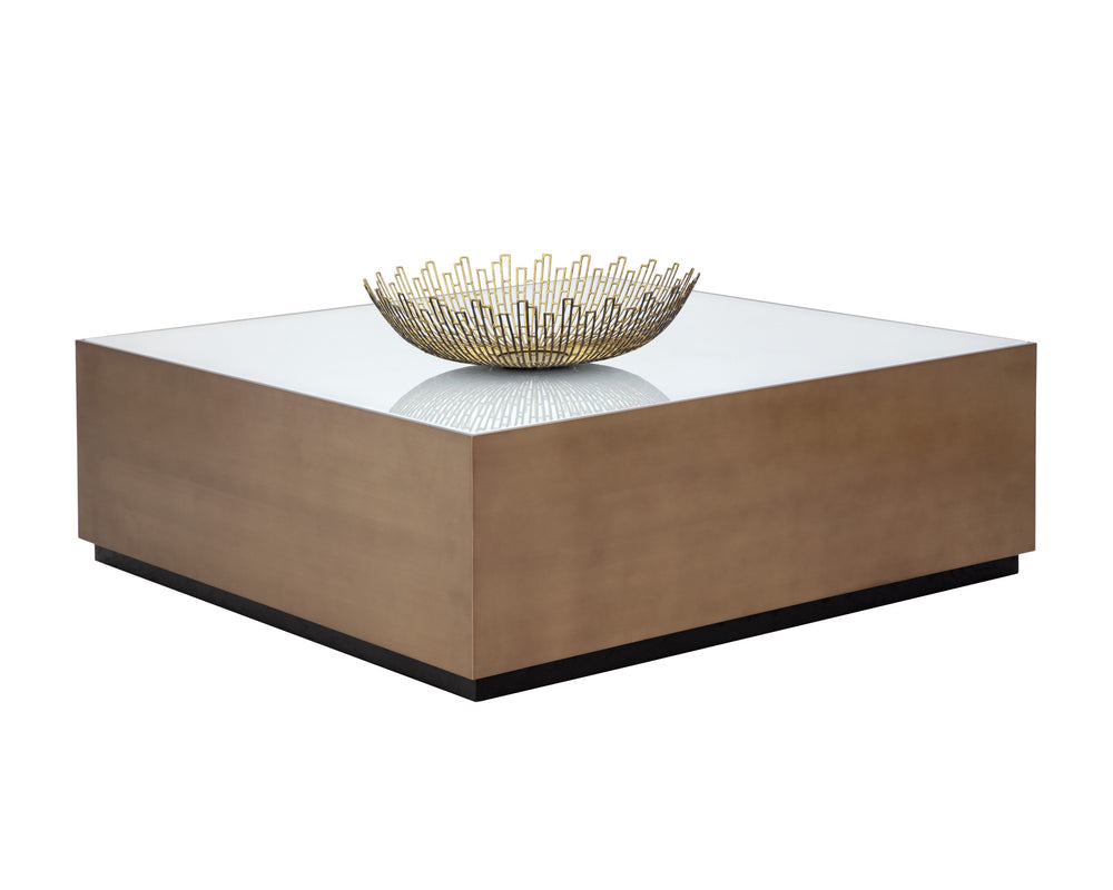 Sunpan Shiloh Coffee Table - Elegant White Glass Top with Gold Frame & Black Oak Base for Modern Spaces