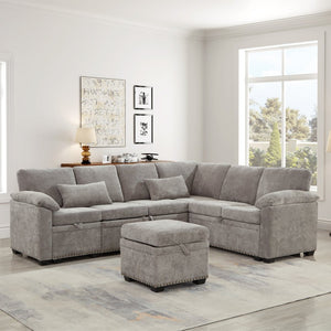 English Elm 97 Inch L-shaped Chenille Sectional Sofa with Sleeper Storage Ottoman 7 Seats Grey W1669S00018