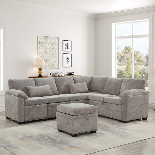 English Elm 97 Inch L-shaped Chenille Sectional Sofa with Sleeper Storage Ottoman 7 Seats Grey W1669S00018