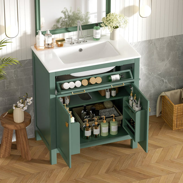 English Elm 30-inch Modern Bathroom Vanity with Ceramic Sink, Gold Accents, Solid Wood Frame, Soft-Close Doors and Ample Storage Green WF324045AAF