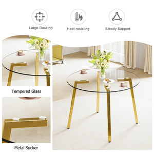 English Elm Modern 42" Round Tempered Glass Dining Table with Gold Metal Legs, Minimalist Clear Top for Stylish Rooms W1512P359306