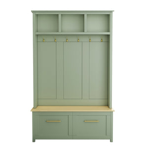 English Elm On-trend Entryway Hall Tree with Gold Hooks Bench Drawers and Shoe Cabinet Storage Mint Green N721S000056M-1